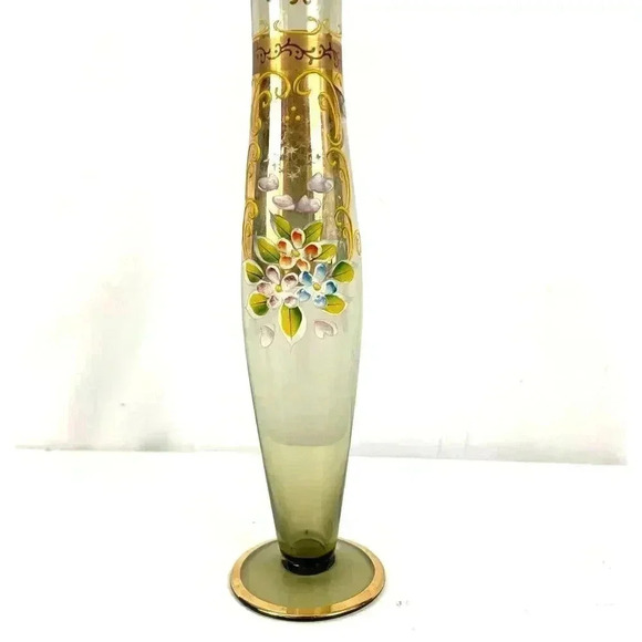 Antique Hand Painted Floral with Gold Trim Glass Bud Vase 8" - Picture 9 of 16
